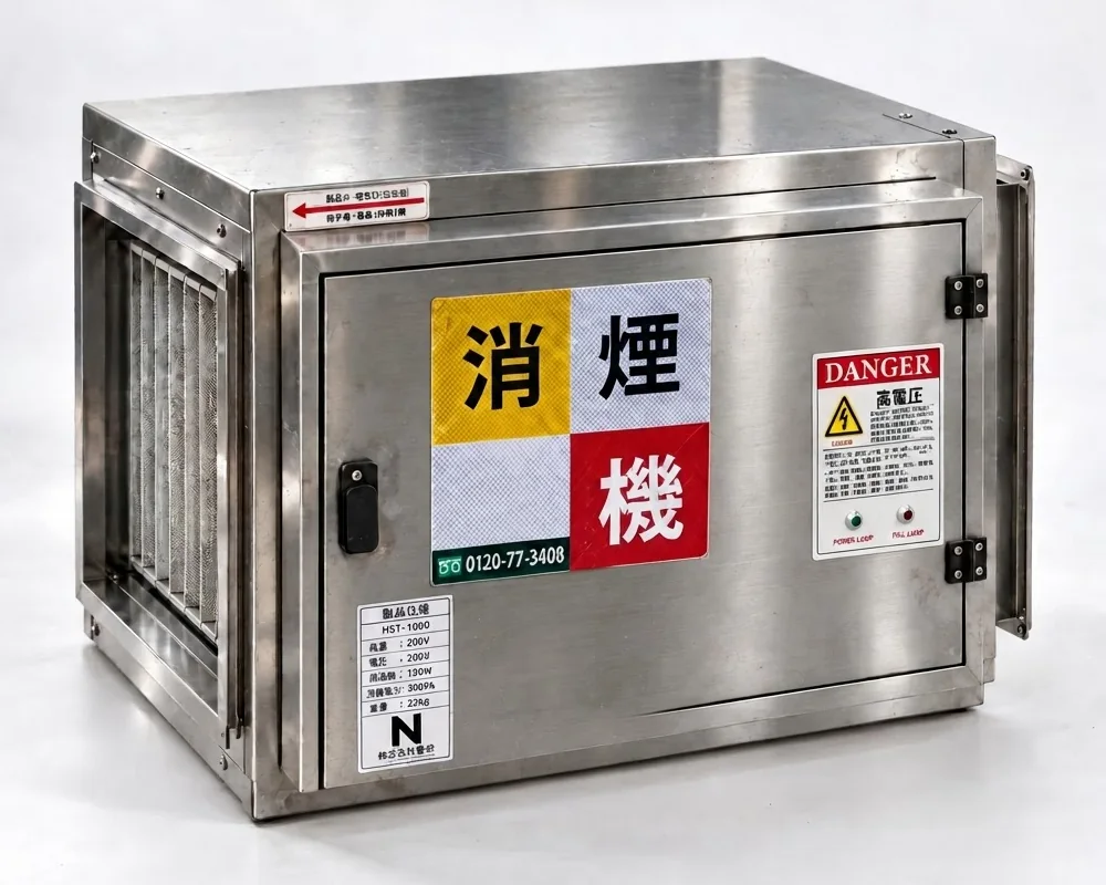 野田の消煙機 JL-8A の本体。ステンレス製で、正面の扉に「消煙機」の表示がある